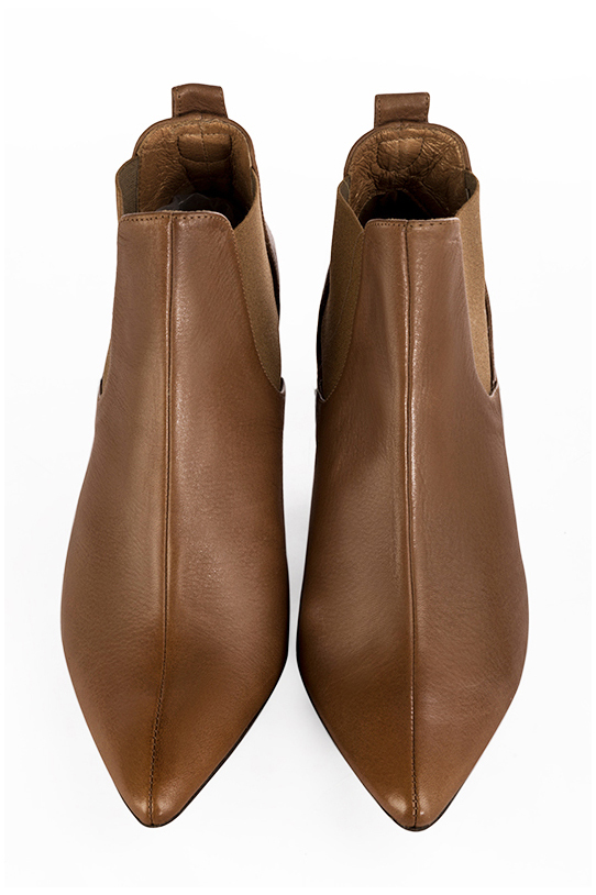 Caramel brown women's ankle boots with buckles. Tapered toe. High cone heels. Top view - Florence KOOIJMAN